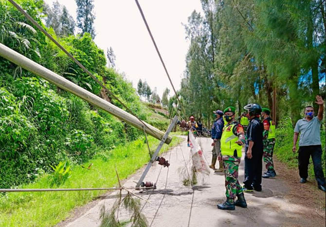 IMBAS CUACA: Tiang listrik yang tumbang di Baledono, Kecamatan Tosari usai angin kencang melanda, Rabu (3/2). (Foto: Istimewa)