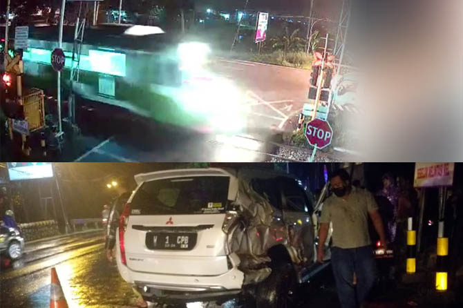 RAWAN KECELAKAAN: Insiden tabrakan KA Komuter dengan pengendara motor di depan perlintasan tanpa palang Yonkav Beji dan mobil Pajero usai disasak komuter. (Jawa Pos Radar Bromo Photo)