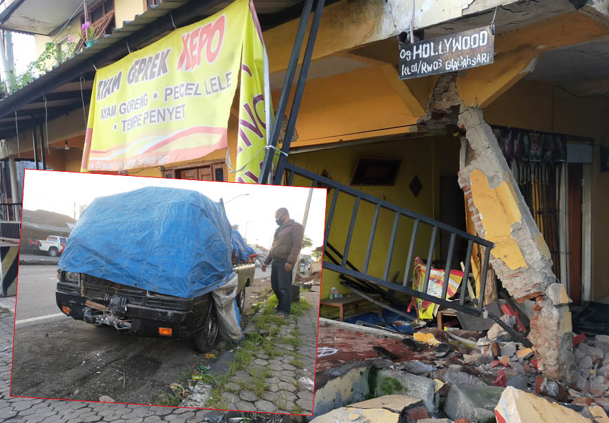 LOKASI KEJADIAN: Warung di Glgahsari, Sukorejo, yang ditabrak pikap. Inset: Mobil pikap yang sudah diamankan polisi. (Foto; Rizal F Syatori/Jawa Pos Radar Bromo)