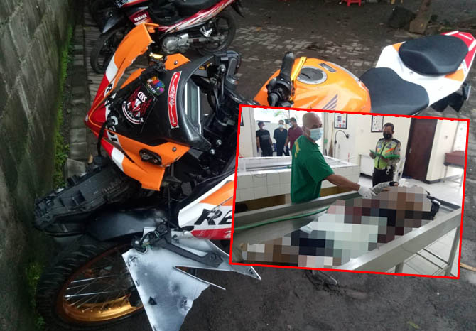RUSAK DEPAN: Motor Honda CBR yang dikendarai Dian Harianto (Inset) yang rusak parah usai kecelakaan, Rabu (22/2) dini hari. (Foto: Istimewa)