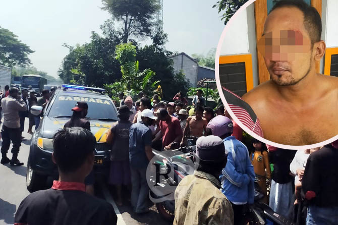 DIAMANKAN: Polisi saat mengamankan S dari amukan massa. Inset, S alami luka di pelipis usai jadi bulan-bulanan warga. (Foto: Istimewa/Humas Polres Pasuruan Kota for Jawa Pos Radar Bromo)
