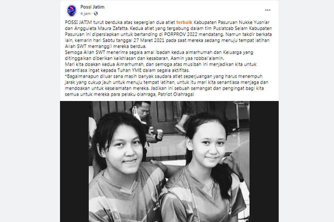 BERDUKA: Status POSSI Jatim yang merasa kehilangan atas kepergian Nukke dan Angie. (screenshot)