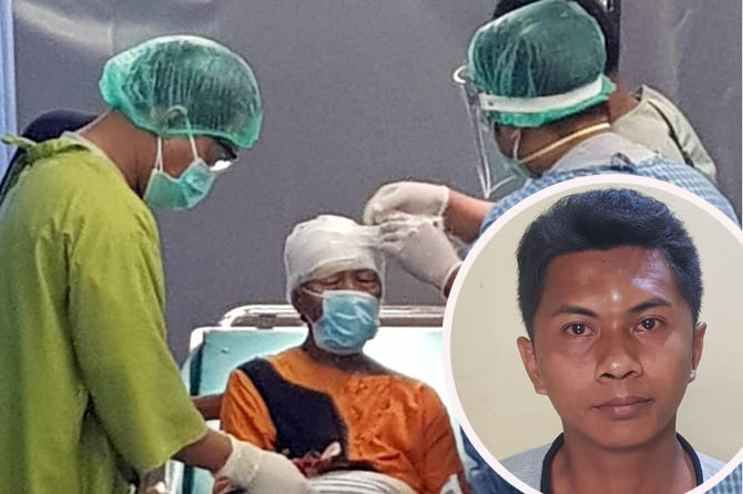 LUKA PARAH: Korban Nasri, 71, luka parah di kepala dan daun telingannya karena dibacok tetangganya, Muhammad Habibi, 29 (inset). Dia dirawat di RSUD dr. Mohamad Saleh, Kota Probolinggo.