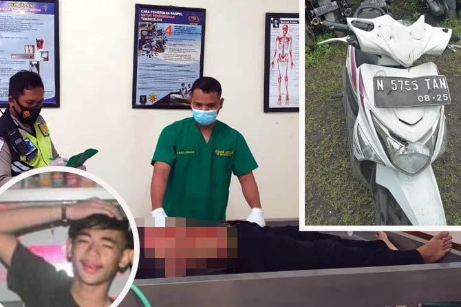 NAHAS: Jenazah Ega Putra Prasetyo saat dibawa ke kamar jenazah RS Bhayangkara Watukosek Gempol. Inset motor korban diamankan di poslantas Gempol. Inset korban semasa hidup (Unit Lantas Polsek Gempol for Jawa Pos Radar Bromo)