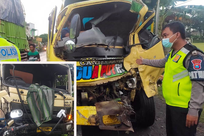 HILANG KENDALI: Kedua truk yang tabrakan di Tigasan Wetan, Leces, sempat membikin jalur Probolinggo-Lumajang merambat. (Istimewa)