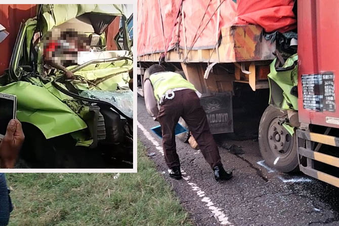 NAHAS: Kondisi truk boks saat menabrak bagian belakan truk yang tengah parkir di badan jalan. (Istimewa)