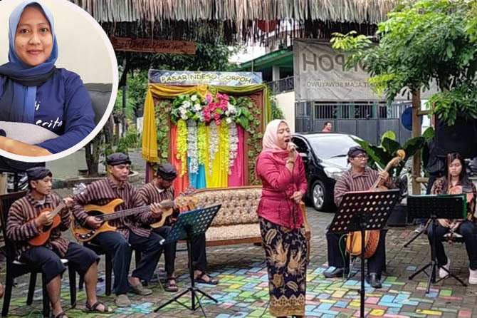 SENIMAN: Andria Mayang Sari saat menyanyi keroncong. Inset ia saat ditemui di waktu senggang. (Rizal Syatori/ Radar Bromo)