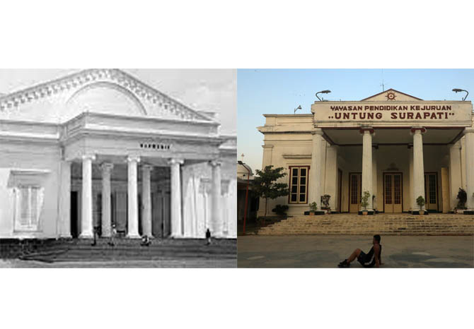 DULU DAN KINI: Societeit Harmonie zaman dulu. Kanan: Gedung yayasan SMK Suropati saat ini. (Foto: Jawa Pos Radar Bromo)