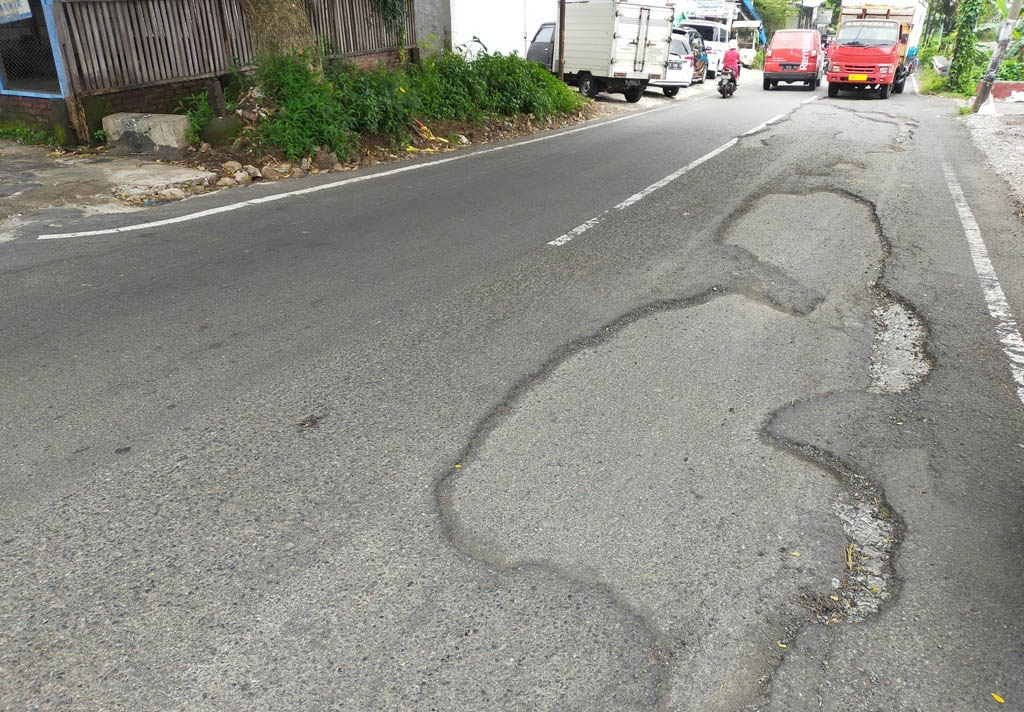 MEMANJANG: Aspal yang mengelupas di Dusun Gesing, Desa Randupitu, Beji. (Foto: Rizal F Syatori/Jawa Pos Radar Bromo)