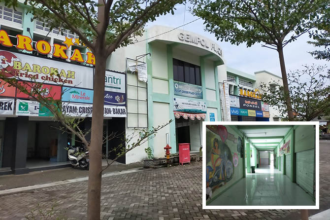 BUTUH INOVASI: Stan-stan di bagian depan Gempol Plaza masih sepi pembeli. Baru sebagian saja yang ditempati pedagang. Inset, kios-kos bagian dalam tutup. (Rizal Syatori/Radar Bromo)