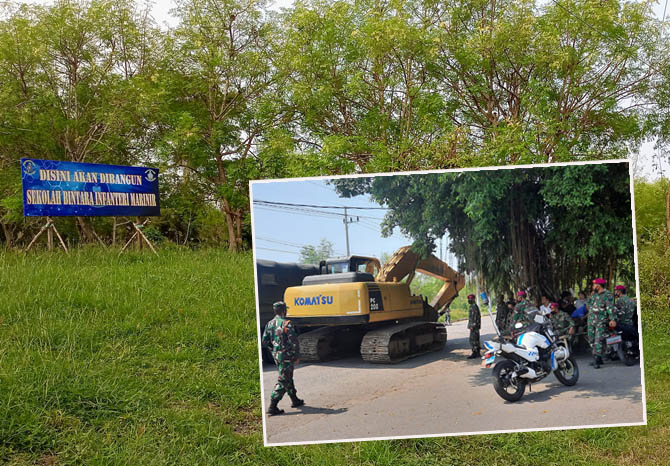 DIPROTES: Lahan untuk sekolah bintara marinir di Lekok yang diprotes warga. Inset: Personel marinir mengawal backhoe yang sempat disita warga. (Foto: M Zubaidillah-Fahrizal Firmani/Jawa Pos Radar Bromo)