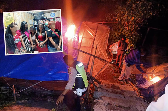 CEGAH MAKSIAT: Petugas gabungan membakar gubuk yang kerap digunakan untuk praktik protitusi. Saat Razia di daeah Tangkis Kali Porong, Desa/Kecamatan Gempol, lima PSK juga berhasil diamankan (inset). (Foto: Polsek Gempol for Jawa Pos Radar Bromo)
