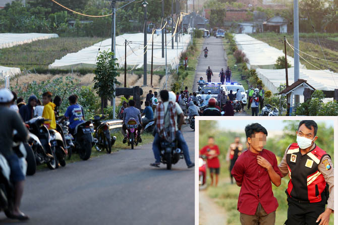 RAZIA:Petugas saat mengobrak remaja yang ngabuburit di jembatan tol Clarak, Leces, Sabtu (17/4). Razia digelar usai terjadi tawuran antarremaja di kawasan jembatan setempat. (Zainal Arifin/ Radar Bromo)