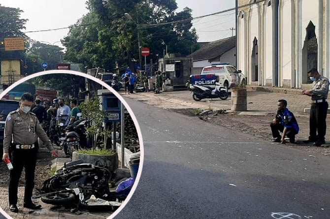 NAHAS: Petugas Satlantas Polres Pasuruan Kota saat melakukan olah TKPkecelakaan maut di Sumurwaru, Nguling. Inset motor korban ringsek usai tertabrak Wuling yang disopiri anggota TNI AL.