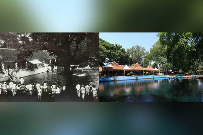 DULU-KINI: Banyubiru saat dijadikan tempat pertandingan polo air saat zaman penjajahan dulu. Foto kanan, suasana di Banyubiru sekarang. (Foto: Google-M Zubaidillah/Jawa Pos Radar Bromo)