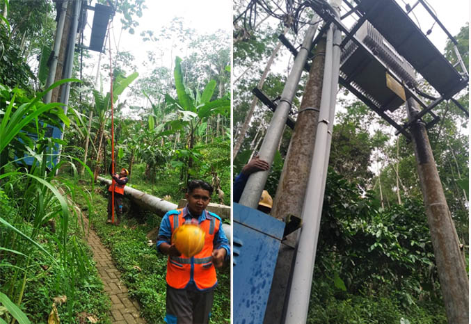 DIBENAHI: Petugas membenahi trafo listrik milik PDAM di Tancak, Tiris, Jumat (7/5). Trafo berusia seperempat abad tersebut, meledak Kamis (6/5) lalu. (Foto: PDAM for Jawa Pos Radar Bromo)