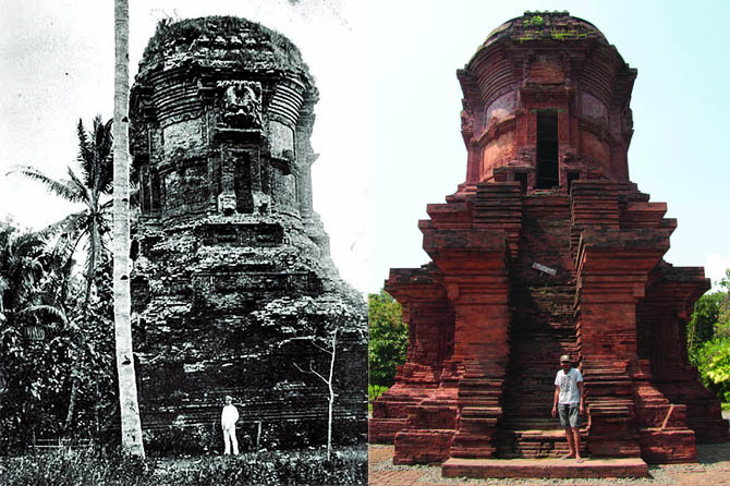 DULU DAN KINI: Postur candi utama pada Candi Jabung tempo dulu, sekitar tahun 1880-an (kiri). Dan seorang pengunjung melihat kemegahan Candi Jabung saat ini. (Foto: Istimewa-Agus Faiz Musleh/Radar Bromo)