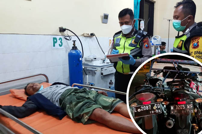 Salah satu korban kecelakaan di Jurang Ampel Prigen saat dirawat di IGD Puskesmas Prigen. Inset motor Vixion dan Mega Pro yang terlibat kecelakaan saat diamankan.