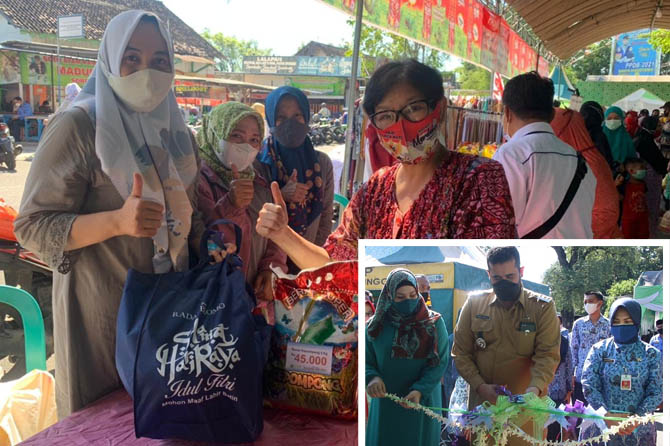 PASAR MURAH: Stan Jawa Pos Radar Bromo yang menyajikan aneka sembako murah. Inset Wali Kota Probolinggo Hadi Zainal Abidin saat menggunting pita sebagai seremoni pembukaan pasar murah. (Fahreza Nuraga/ Jawa Pos Radar Bromo)