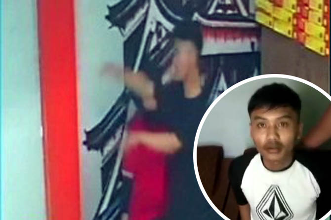 Cuplikan video CCTV saat pelaku menampar tunangannya yang merupakan karyawati rumah makan cepat saji. Inset, pelaku saat diamankan.