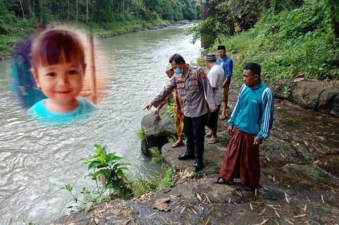 TKP: Warga menunjukkan lokasi tempat korban diduga tenggelam. Inset, Anindita Keysa Zahra semasa hidup. (Agus Faiz Musleh/Radar Bromo-Dok. Keluarga)
