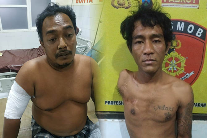 TETANGGA MASAK GITU?: Korban Purwo Widodo (kiri) saat dirawat dan pelaku Saroin (kanan) saat diamankan.