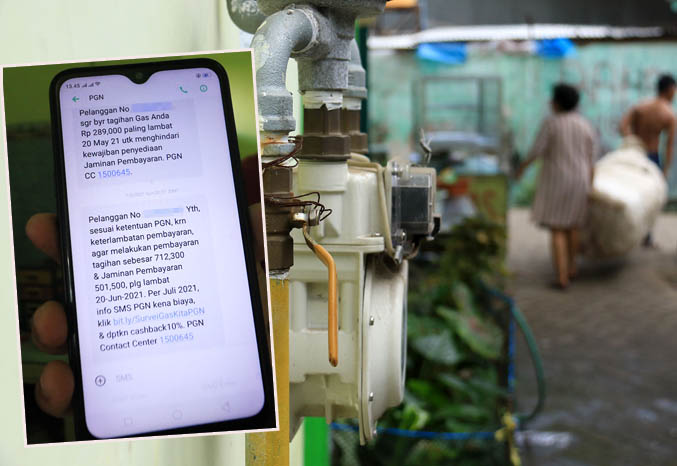 RUMAH TANGGA: Alat ukur jaringan gas salurah tangga yang sudah terpasang di wilayah Gadingrejo. Belakangan pelanggan menjerit karena tingginya tagihan. Inset, pesan yang diterima pelanggan Jargas untuk membayar tagihan dan jaminan pembayaran yang nilainya