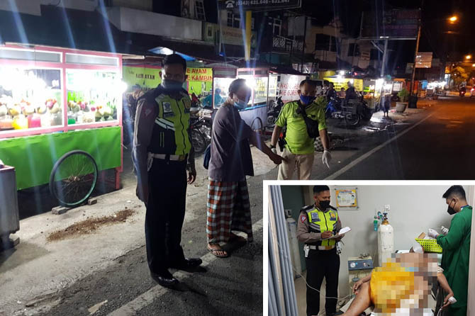 KECELAKAAN MAUT: Petugas saat melakukan olah TKP kecelakaan maut di depan Pasar Senggol Pandaan. Inset korban saat masih dirawat di IGD sebelum meninggal.