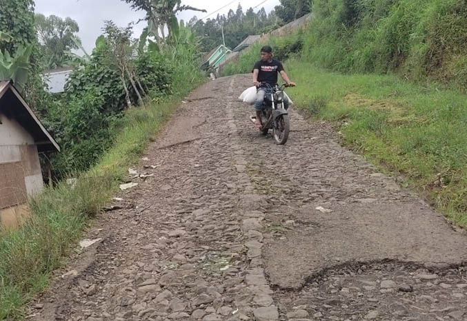 PARAH: Kondisi jalan penghubung antara Desa Jimbaran dan Desa Keduwung, Kecamatan Puspo, yang rusak parah. (Foto Mukhamad Rosyidi/Jawa Pos Radar Bromo)
