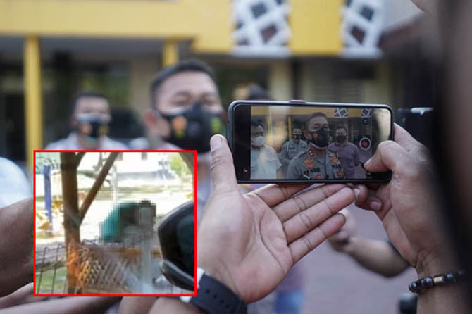 BEBER: Kapolres Probolinggo Kota AKBP RM Jauhari memberi keterangan soal video viral Taman Maramis (inset). (Foto: Rizky Putra Dinasti/Jawa Pos Radar Bromo)