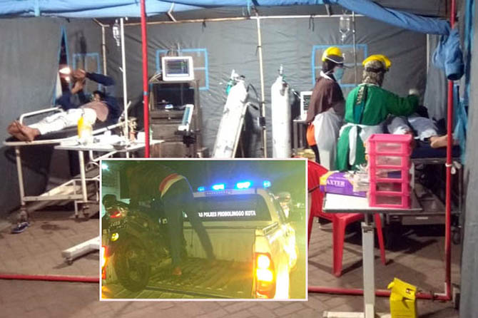 USAI KEJADIAN: Pasutri yang terlibat kecelakaan di Jalan raya Bromo, Selasa (24/8) malam, saat dirawat di RSUD Moh Saleh. Inset, motor yang dikendarai pasutri dievakuasi. (Foto: Rizky Putra Dinasti/Jawa Pos Radar Bromo)