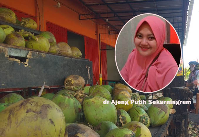 PERLU PENELITIAN: Degan atau kelapa muda yang banyak dijual. Belakangan degan banyak diburu lantaran dipercaya bisa menyembuhkan Covid-19. Insert: dr Ajeng. (Fotoâ€ dok Jawa Pos Radar Bromo)