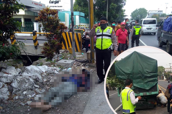 NAHAS: Jenazah Rudy Nurwanto saat hendak dievakuasi. Inset truk yang mogok dan tertabrak korban.