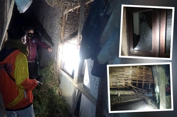 AKIBAT LEDAKAN BONDET: Beberapa dampak yang diakibatkan oleh ledakan bondet. Kaca jendela rumah pecah, dinding dapur terbuat dari harplek dekat kandang, dan kandang bagian belakang juga rusak. (Foto: Polsek Krucil for Jawa Pos Radar Bromo)