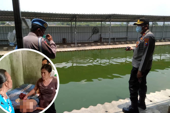 CEK TKP: Kapolsek Gempol Kompol Kamran saat mengecek kolam pancing tempat korban tenggelam. Inset, jenazah korban usai dievakuasi. (Rizal Syatori/ Radar Bromo)
