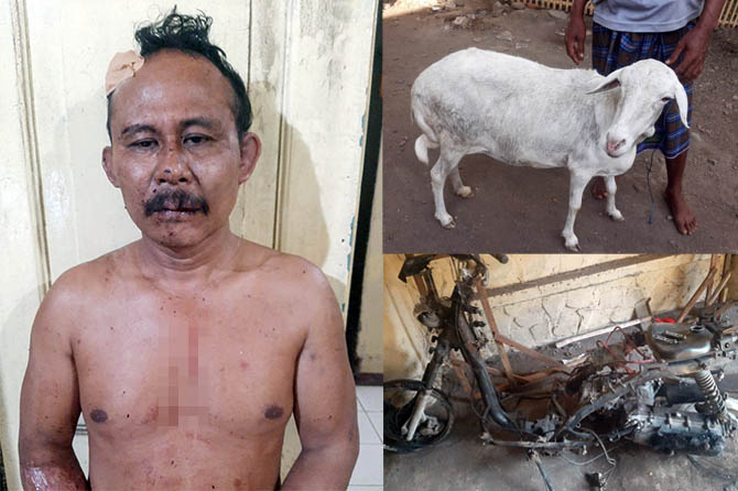 DIAMANKAN: Sawiyanto, warga Desa Pohsangit Leres, Kecamatan Sumberasih tertangkap basah mencuri kambing di Desa/Kecamatan Gending, Sabtu (23/10). Inset, barang bukti kambing dan motor pelaku yang dibakar massa. (Polsek Gending for Radar Bromo)