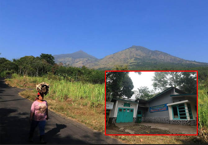 TINGGI MENJULANG: Pemandangan indah Gunung Arjuno dilihat dari kawasan Tretes, Prigen. Puncak gunung setinggi lebih dari 3.000 mdpl itu terlihat jelas. Inset, pos pendaki di Tretes yang ditutup. (Foto: Mokhamad Zubaidillah/Jawa Pos Radar Bromo)