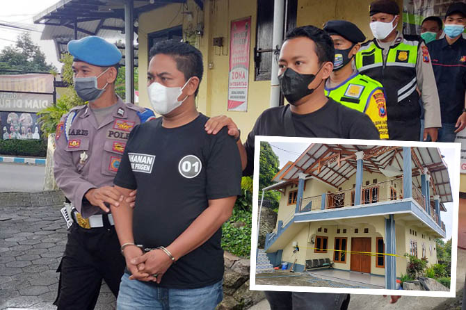 TERBAKAR CEMBURU: Deni Wahyudi saat dikeler petugas Polsek Prigen. Inset lokasi vila tempat penusukan korban hingga tewas. (Foto: Rizal F. Syatori/Radar Bromo)