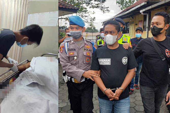 TEGA SAMA TEMAN: Deni Wahyudi saat dikeler petugas Polsek Prigen. Inset jenazah korban saat dibawa ke kamar mayat. (Foto: Rizal F. Syatori/Radar Bromo)