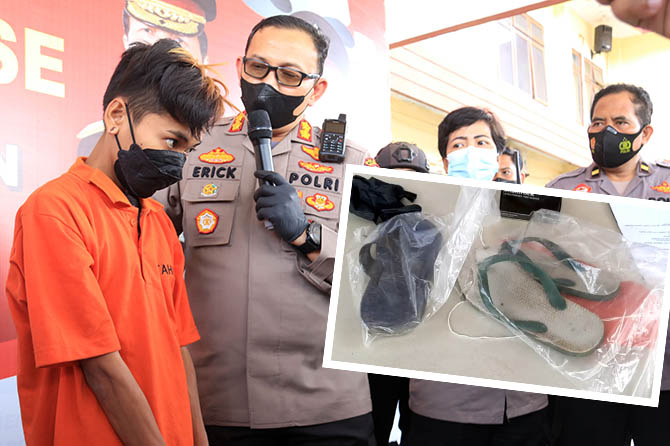 MENGAKU MENYESAL: Pelaku Fatkhur Rozi saat dimintai keterangan Kapolres Pasuruan AKBP Erick Frendriz. Inset sandal pelaku (warna biru) yang jadi pintu terungkapnya pembunuhan pemilik warung kopi di Sladi, Kejayan. (Mokhamad Zubaidillah/Radar Bromo)