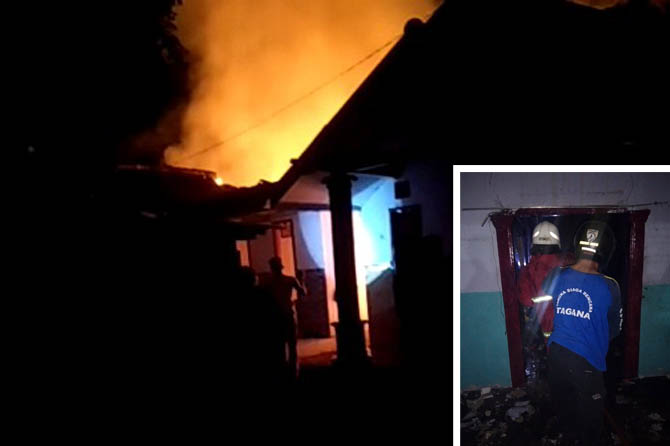 AMUK SI JAGO MERAH: Kobaran api yang melalap 4 rumah di Sumbertaman. Inset petugas damkar saat berupaya memadamkan api.