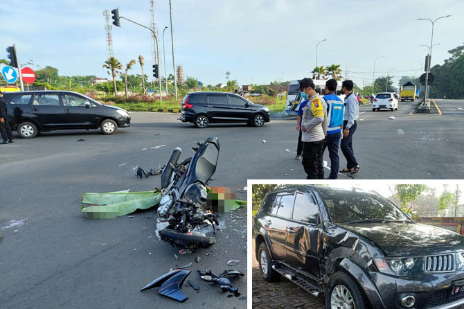 NAHAS: Kondisi Vixion yang remuk di bagian depannya. Inset mobil Pajero alami ringsek di samping usai tertabrak Vixion. (Rizal Syatori/Radar Bromo)