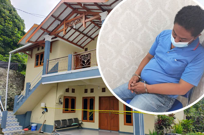 DI-POLICE LINE: Lokasi vila Cempaka di Pecalukan, Prigen tempat korban ditemukan bersimbah darah. Inset terduga pelaku DW teman korban yang tangannya diorgol. (Rizal Syatori/ Radar Bromo)