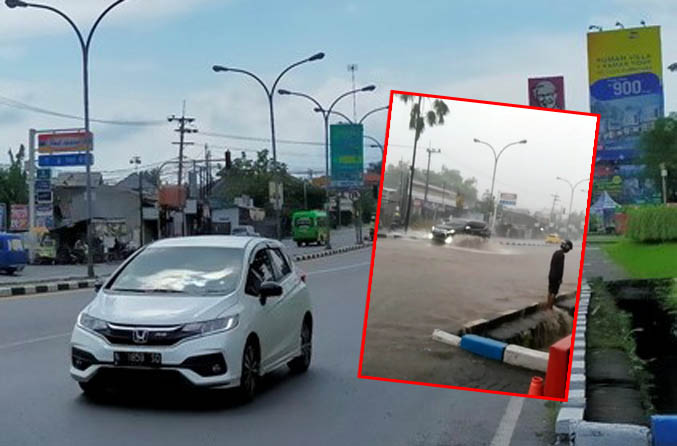 RAWAN TERGENANG: Jalan di depan Taman Dayu saat kering. Inset, jalan di depan Taman Dayu ketika tergenang air. (Foto: Rizal F Syatori/Jawa Pos Radar Bromo)