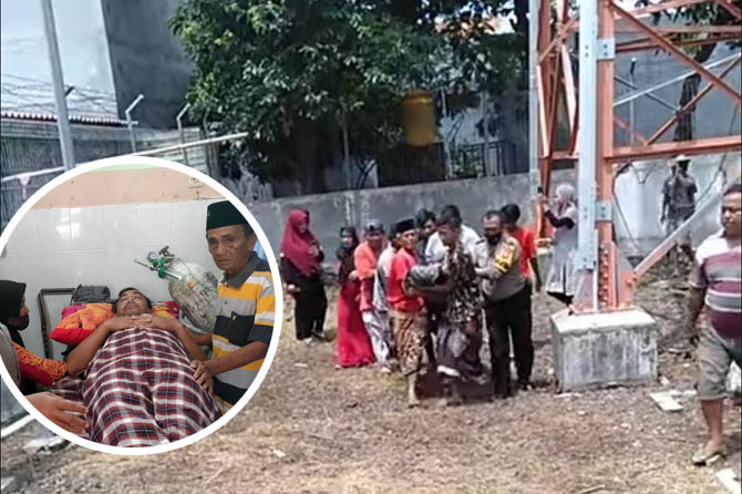 EVAKUASI: Yari, 43, digotong petugas Polsek Maron dibantu warga. Dia dilarikan ke Puskesmas Maron setelah sempat naik tower dan mengancam bunuh diri, Minggu (19/12). Inset, Yari dirawat di Puskesmas Maron setelah dievakuasi. (Istimewa)