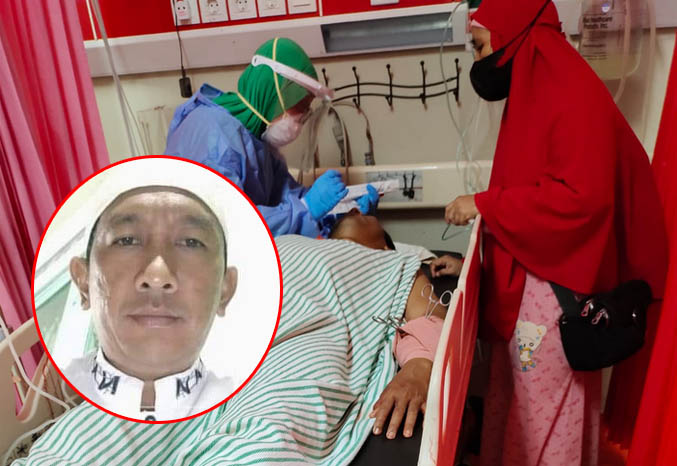 KONYOL: Bambang Moko dirawat di IGD RSUD Bangil lantaran luka bacok. Luka itu didapatnya saat dia membacok lengannya kirinya sendiri. (Foto: Istimewa)