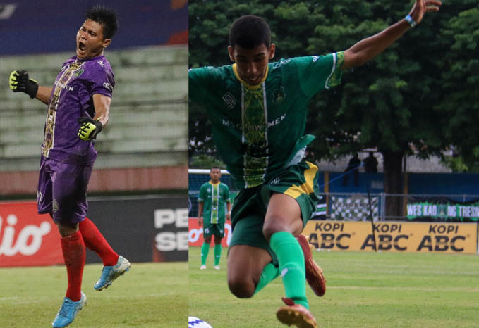 SEMANGAT: Kiper Persekap Ahmad Fauzan (kiri) dan gelandang Thalib yang akan menjadi andalan di laga melawan Gresik United. (Foto: Angger Bondan/Jawa Pos)