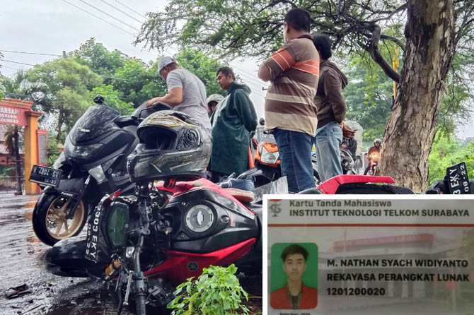 RINGSEK: Kondisi motor korban. inset, kartu mahasiswa milik korban.