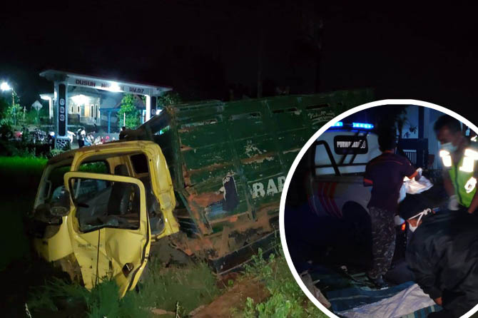 Kondisi truk usai disasak KA barang di Purwodadi. Inset jenazah korban saat dievakuasi. (Rizal Syatori/ Radar Bromo)