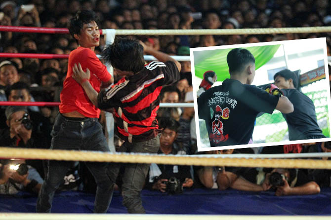 BERTRANSFORMASI: Tarung bebas yang digelar sebelum pandemi dengan melibatkan warga ikut tanding. Inset: Tarung Bebas yang digelar awal tahun ini yang digelar secara terbatas. (Zainal Arifin-Agus Faiz Musleh/Radar Bromo)